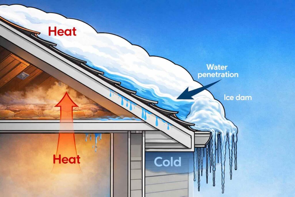 An illustrated graphic showing how ice forms on the roof from snow and ice