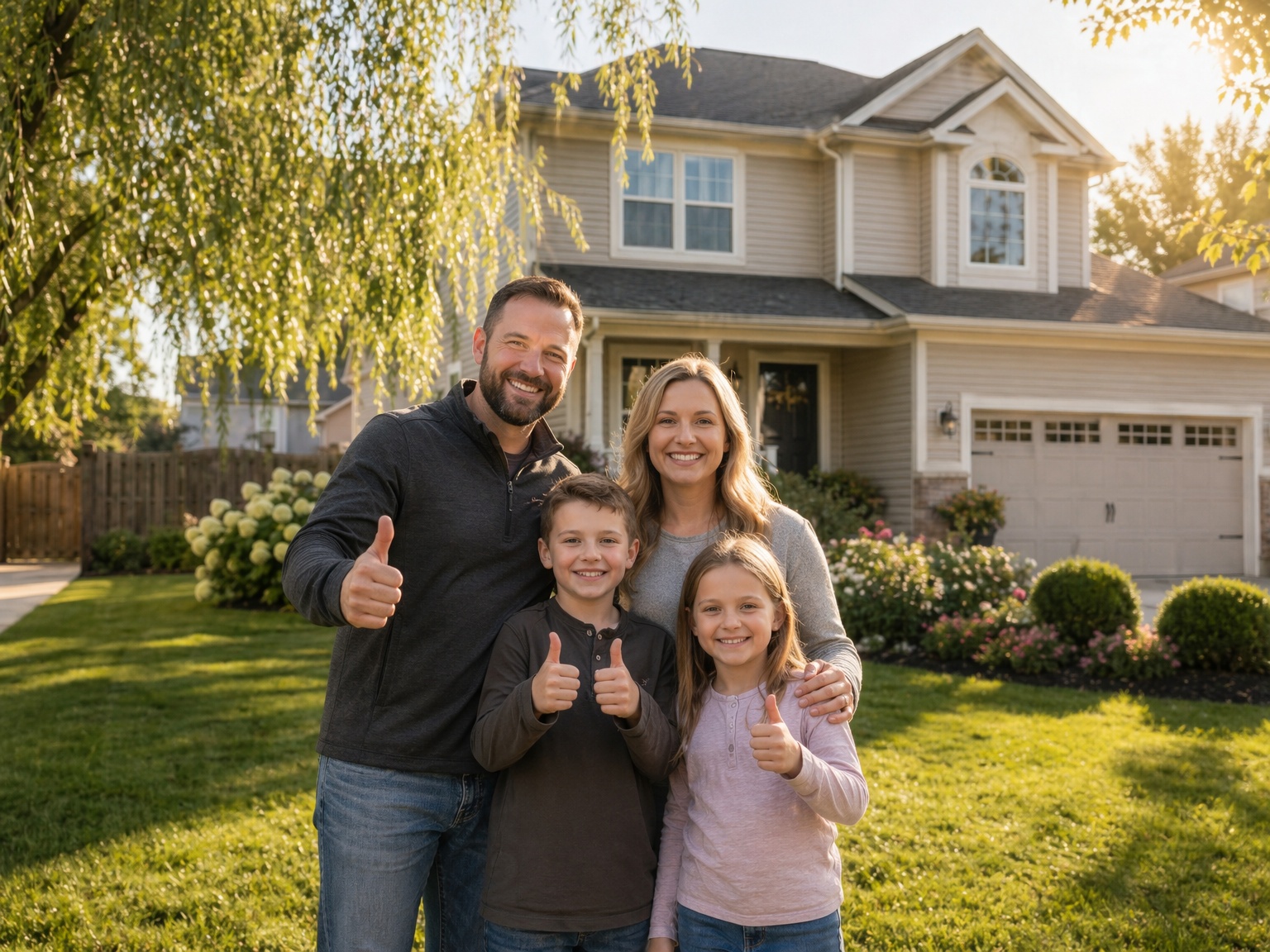 Happy family in front of home